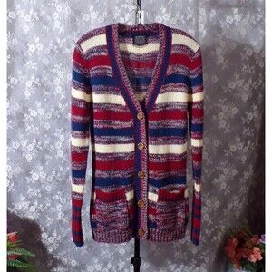 Vintage 70s Cardigan 1970s Red White Blue Chunky Knit Hippie Boho Size Medium